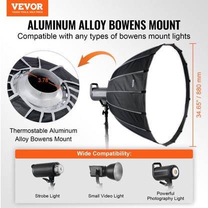 VEVOR Parabolic Softbox, 33 in / 850 mm, Quick Release and Quick Fold, Lightweight and Portable, Universal Bowens Mount, 4 Lighting Effects, Fits for Professionoal Photography, Daily Filming - BRJKRGZ33INC06JUUV0 - view 3