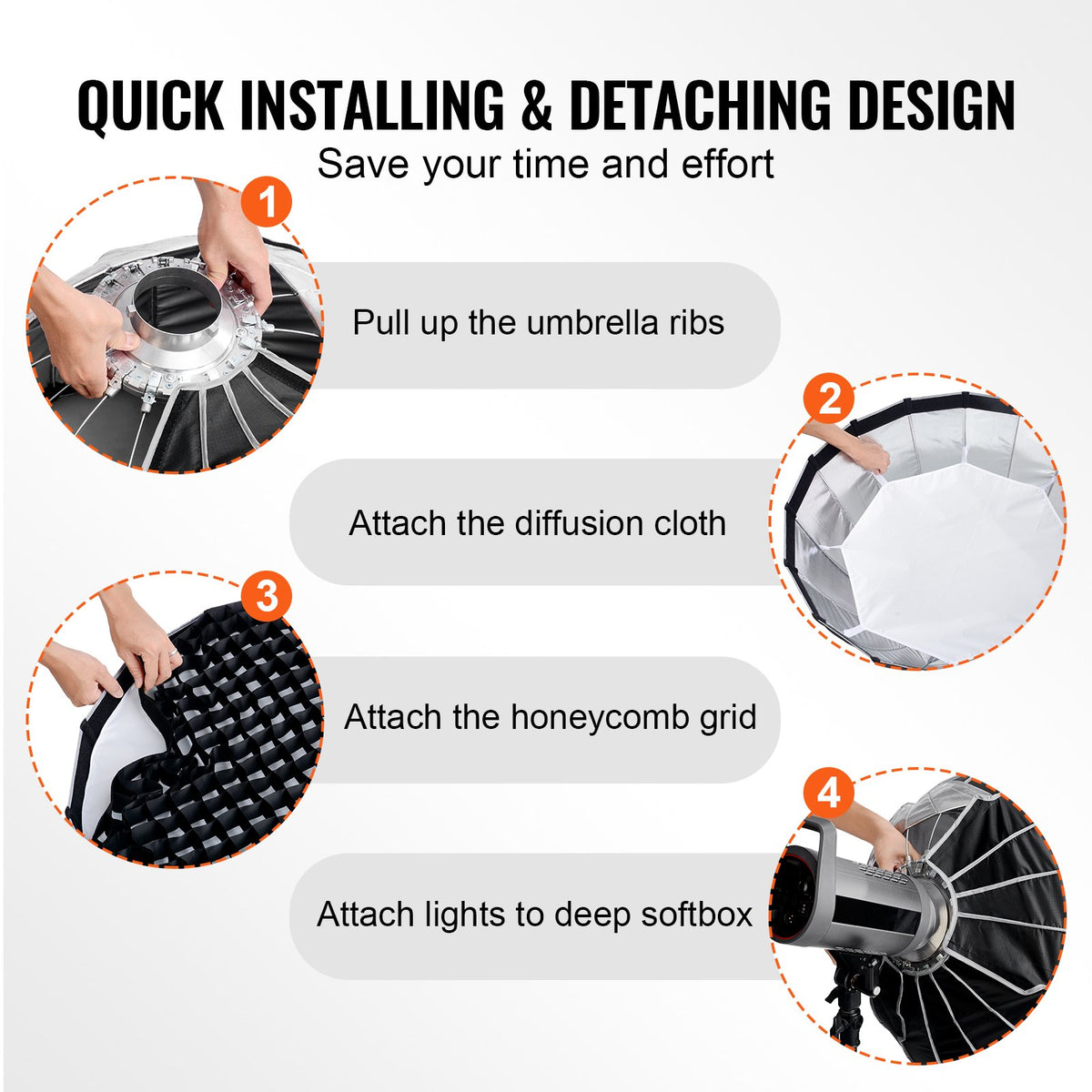 VEVOR Parabolic Softbox, 33 in / 850 mm, Quick Release and Quick Fold, Lightweight and Portable, Universal Bowens Mount, 4 Lighting Effects, Fits for Professionoal Photography, Daily Filming - BRJKRGZ33INC06JUUV0 - view 5
