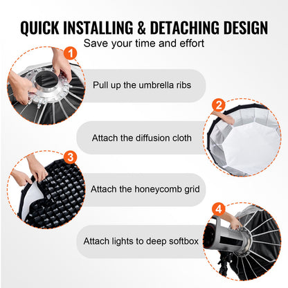 VEVOR Parabolic Softbox, 33 in / 850 mm, Quick Release and Quick Fold, Lightweight and Portable, Universal Bowens Mount, 4 Lighting Effects, Fits for Professionoal Photography, Daily Filming - BRJKRGZ33INC06JUUV0 - view 5