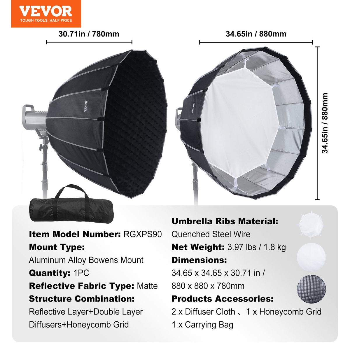VEVOR Parabolic Softbox, 33 in / 850 mm, Quick Release and Quick Fold, Lightweight and Portable, Universal Bowens Mount, 4 Lighting Effects, Fits for Professionoal Photography, Daily Filming - BRJKRGZ33INC06JUUV0 - view 8