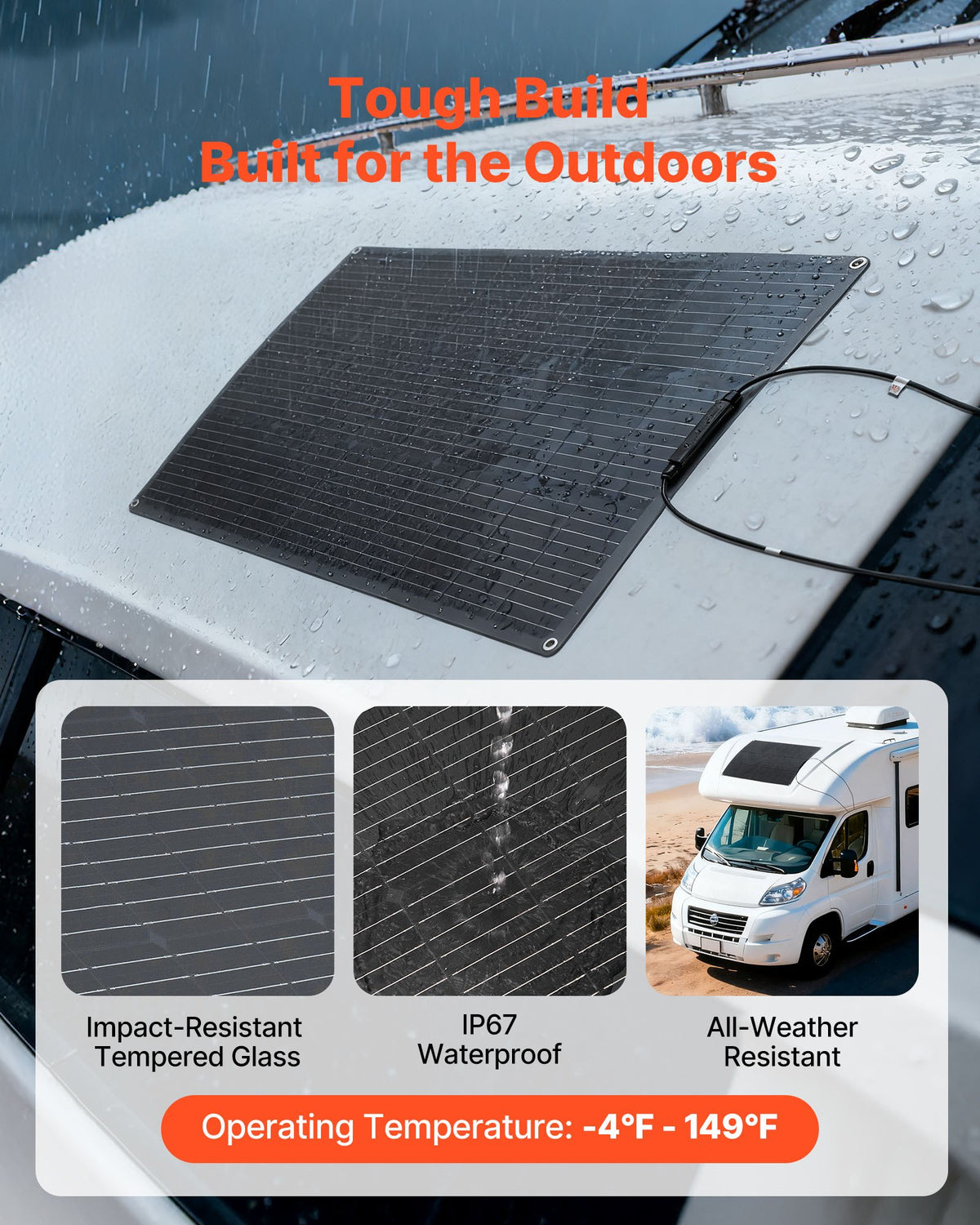 VEVOR Flexible Solar Panel, 100W Semi-Flexible Bendable Monocrystalline Solar Panel, 23% Efficiency Mono Off-Grid Charger with MC4 Output, IP67 Waterproof for Marine RV Car Cabin Curved Surfaces - BRXTYNB1100W7HN93001Y3 - view 6