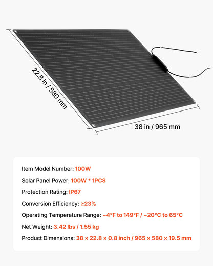 VEVOR Flexible Solar Panel, 100W Semi-Flexible Bendable Monocrystalline Solar Panel, 23% Efficiency Mono Off-Grid Charger with MC4 Output, IP67 Waterproof for Marine RV Car Cabin Curved Surfaces - BRXTYNB1100W7HN93001Y3 - view 8
