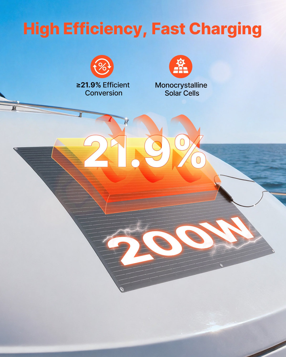 VEVOR Flexible Solar Panel, 200W Semi-Flexible Bendable Monocrystalline Solar Panel, 21.9% Efficiency Mono Off-Grid Charger with MC4 Output, IP67 Waterproof for Marine RV Car Cabin Curved Surfaces - BRXTYNB1200W9QHMV001Y3 - view 3