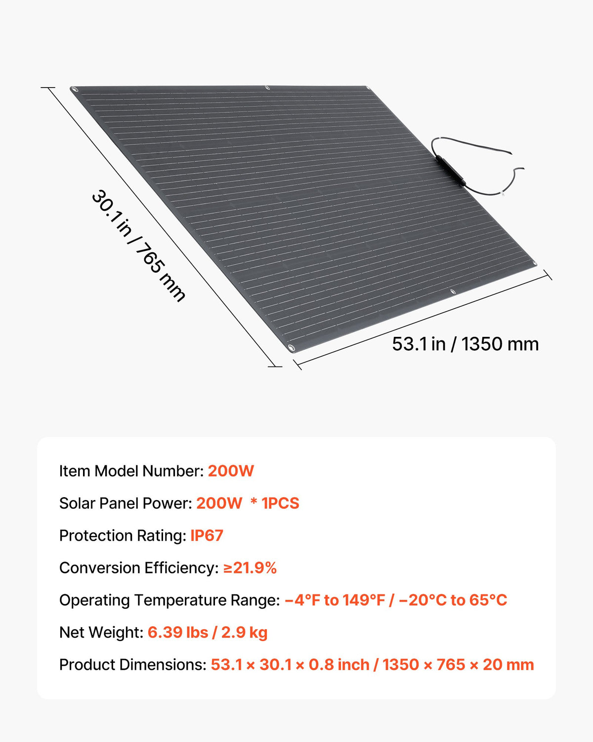 VEVOR Flexible Solar Panel, 200W Semi-Flexible Bendable Monocrystalline Solar Panel, 21.9% Efficiency Mono Off-Grid Charger with MC4 Output, IP67 Waterproof for Marine RV Car Cabin Curved Surfaces - BRXTYNB1200W9QHMV001Y3 - view 8