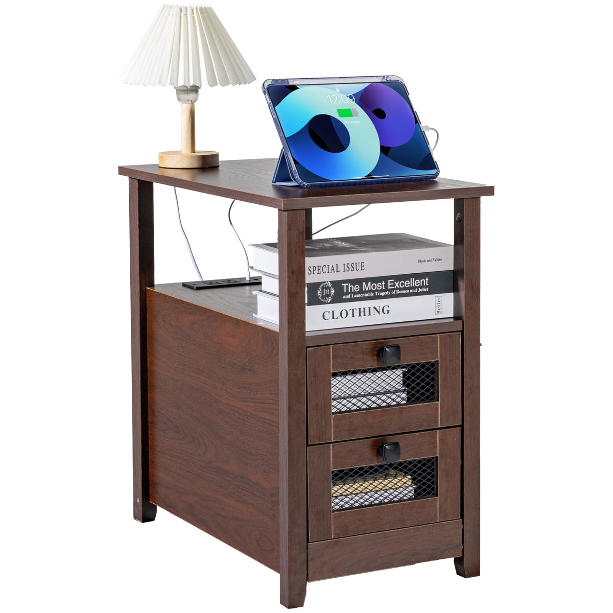 VEVOR Farmhouse End Table, Nightstand with Charging Station, 4 Tiers End Table with Storage Cabinet and 2 Drawers, Side Table with USB Ports and Outlets, Ideal for Living Room, Bedroom, Brown - BSBZ1JTBKFZXNV69LV1 - view 1
