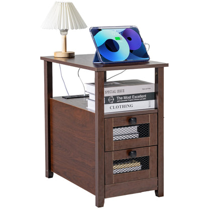 VEVOR Farmhouse End Table, Nightstand with Charging Station, 4 Tiers End Table with Storage Cabinet and 2 Drawers, Side Table with USB Ports and Outlets, Ideal for Living Room, Bedroom, Brown - BSBZ1JTBKFZXNV69LV1 - view 1