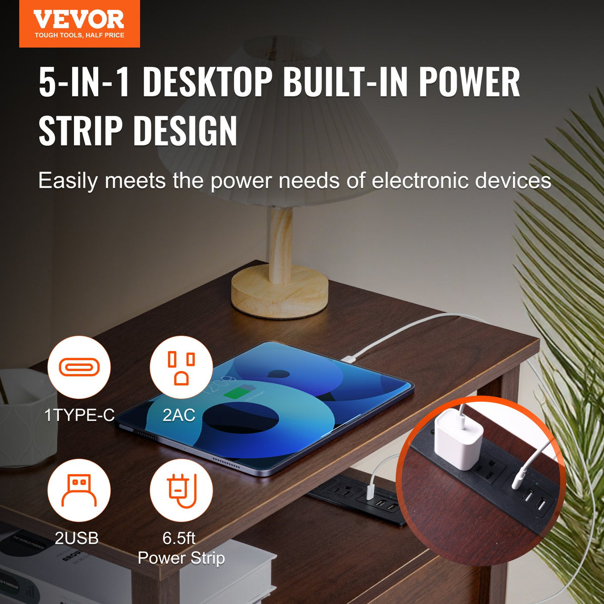 VEVOR Farmhouse End Table, Nightstand with Charging Station, 4 Tiers End Table with Storage Cabinet and 2 Drawers, Side Table with USB Ports and Outlets, Ideal for Living Room, Bedroom, Brown - BSBZ1JTBKFZXNV69LV1 - view 3