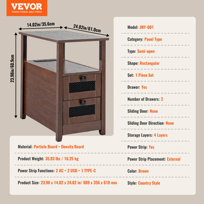 VEVOR Farmhouse End Table, Nightstand with Charging Station, 4 Tiers End Table with Storage Cabinet and 2 Drawers, Side Table with USB Ports and Outlets, Ideal for Living Room, Bedroom, Brown - BSBZ1JTBKFZXNV69LV1 - view 8