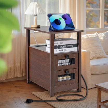 VEVOR Farmhouse End Table, Nightstand with Charging Station, 4 Tiers End Table with Storage Cabinet and 2 Drawers, Side Table with USB Ports and Outlets, Ideal for Living Room, Bedroom, Brown - BSBZ1JTBKFZXNV69LV1 - view 9