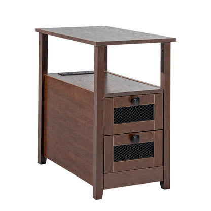 VEVOR Farmhouse End Table, Nightstand with Charging Station, 4 Tiers End Table with Storage Cabinet and 2 Drawers, Side Table with USB Ports and Outlets, Ideal for Living Room, Bedroom, Brown - BSBZ1JTBKFZXNV69LV1 - view 10