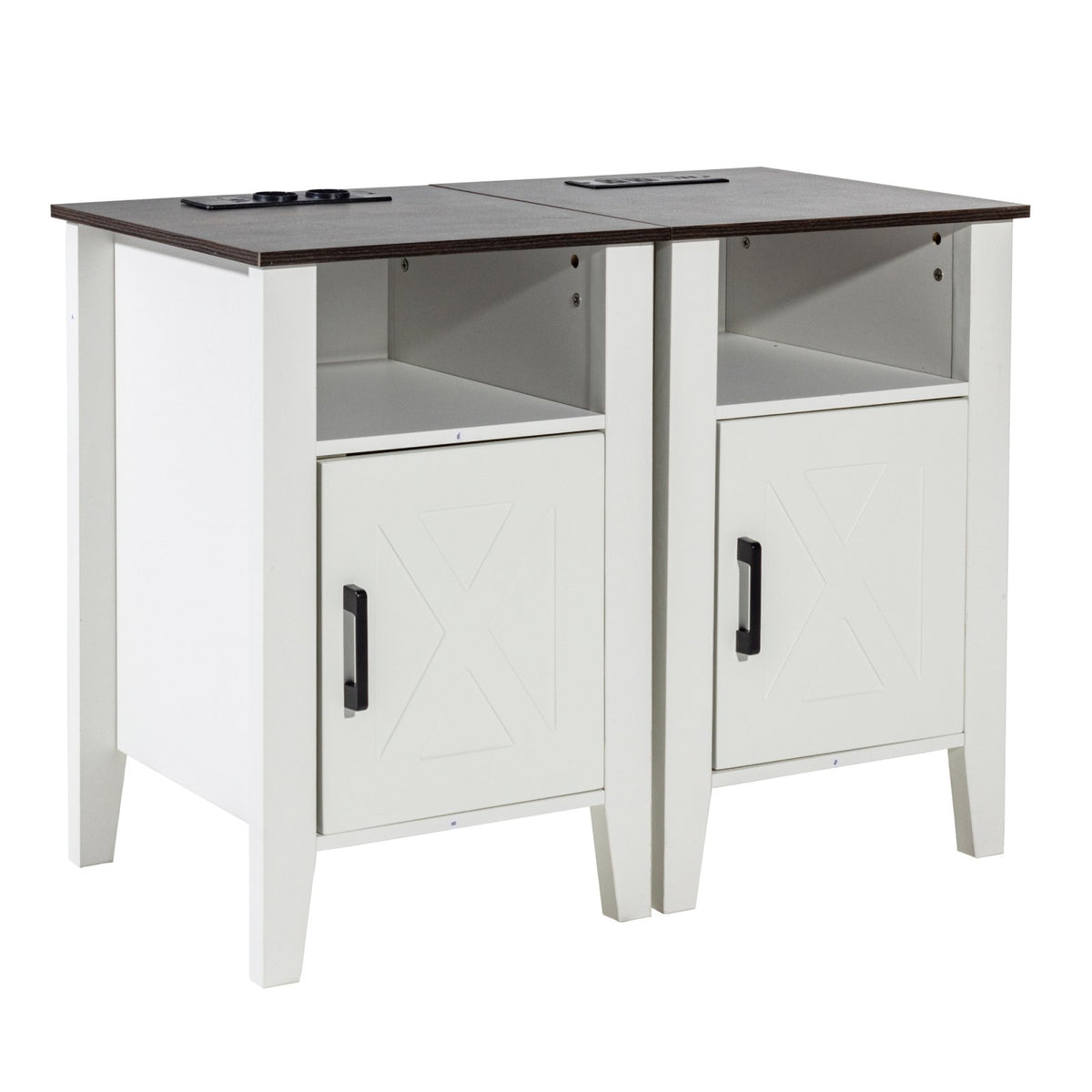 VEVOR Farmhouse End Table Set of 2, Nightstand with Charging Station, 3 Tiers Side Table with Storage Cabinet, End Table with USB Ports and Outlets, Ideal for Living Room, Bedroom, Office, White - BSBZ2JTBKFFXNUH6LV1 - view 1