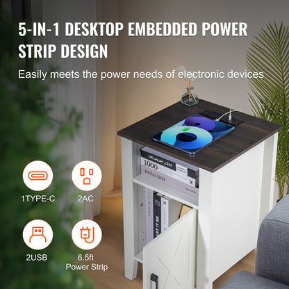 VEVOR Farmhouse End Table Set of 2, Nightstand with Charging Station, 3 Tiers Side Table with Storage Cabinet, End Table with USB Ports and Outlets, Ideal for Living Room, Bedroom, Office, White - BSBZ2JTBKFFXNUH6LV1 - view 4