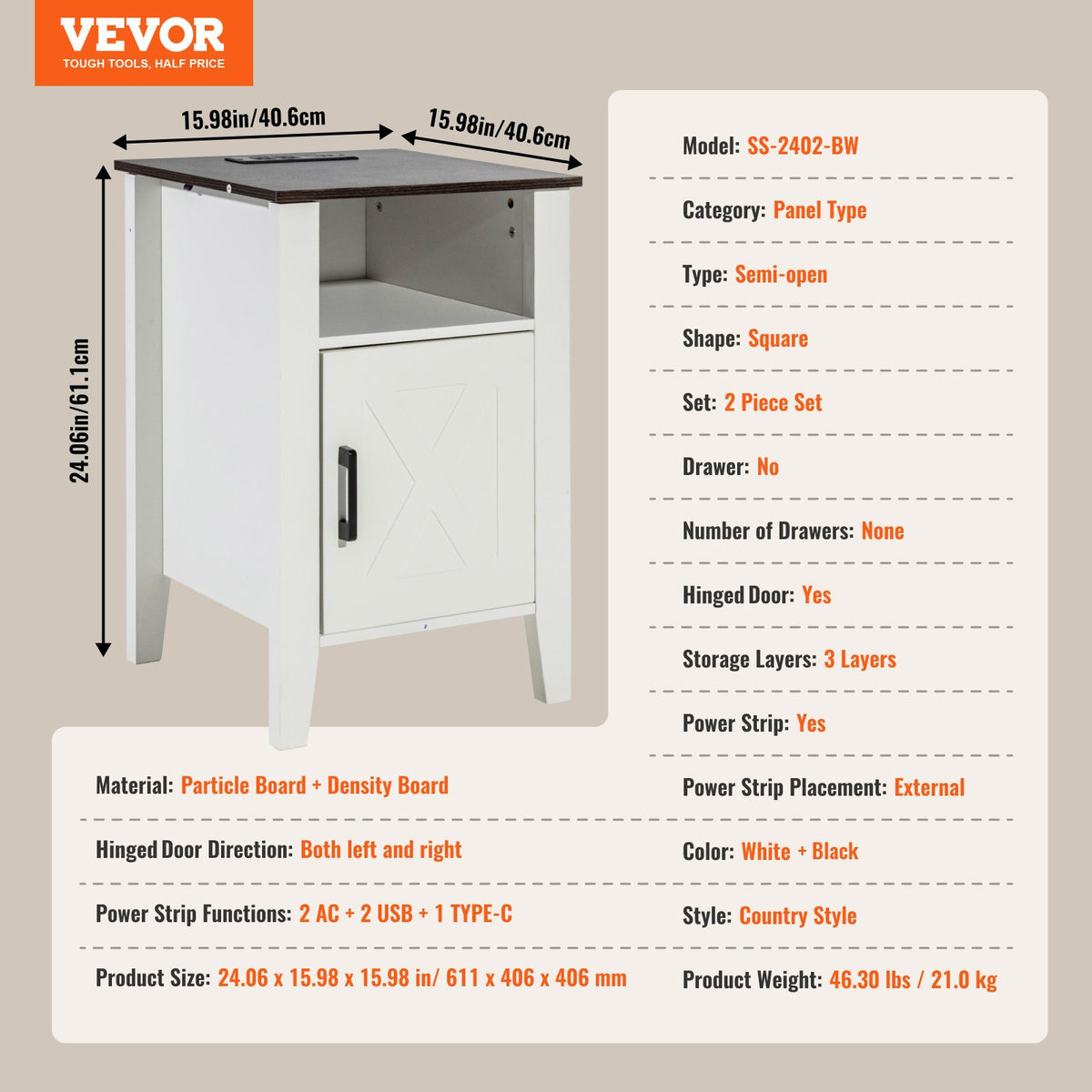 VEVOR Farmhouse End Table Set of 2, Nightstand with Charging Station, 3 Tiers Side Table with Storage Cabinet, End Table with USB Ports and Outlets, Ideal for Living Room, Bedroom, Office, White - BSBZ2JTBKFFXNUH6LV1 - view 8