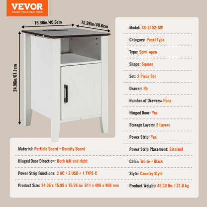 VEVOR Farmhouse End Table Set of 2, Nightstand with Charging Station, 3 Tiers Side Table with Storage Cabinet, End Table with USB Ports and Outlets, Ideal for Living Room, Bedroom, Office, White - BSBZ2JTBKFFXNUH6LV1 - view 8