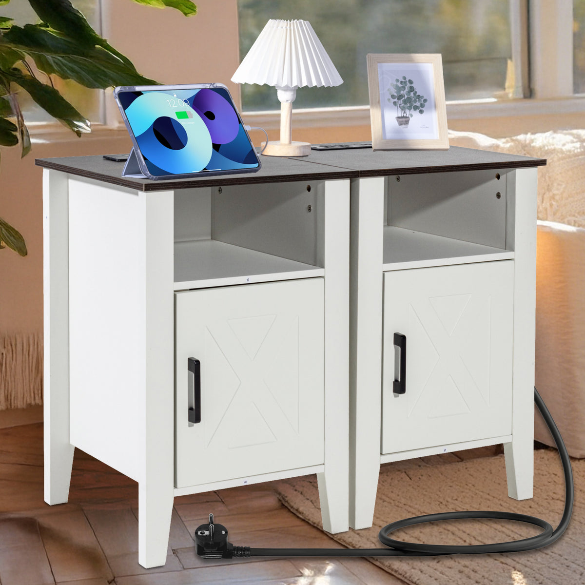 VEVOR Farmhouse End Table Set of 2, Nightstand with Charging Station, 3 Tiers Side Table with Storage Cabinet, End Table with USB Ports and Outlets, Ideal for Living Room, Bedroom, Office, White - BSBZ2JTBKFFXNUH6LV1 - view 9