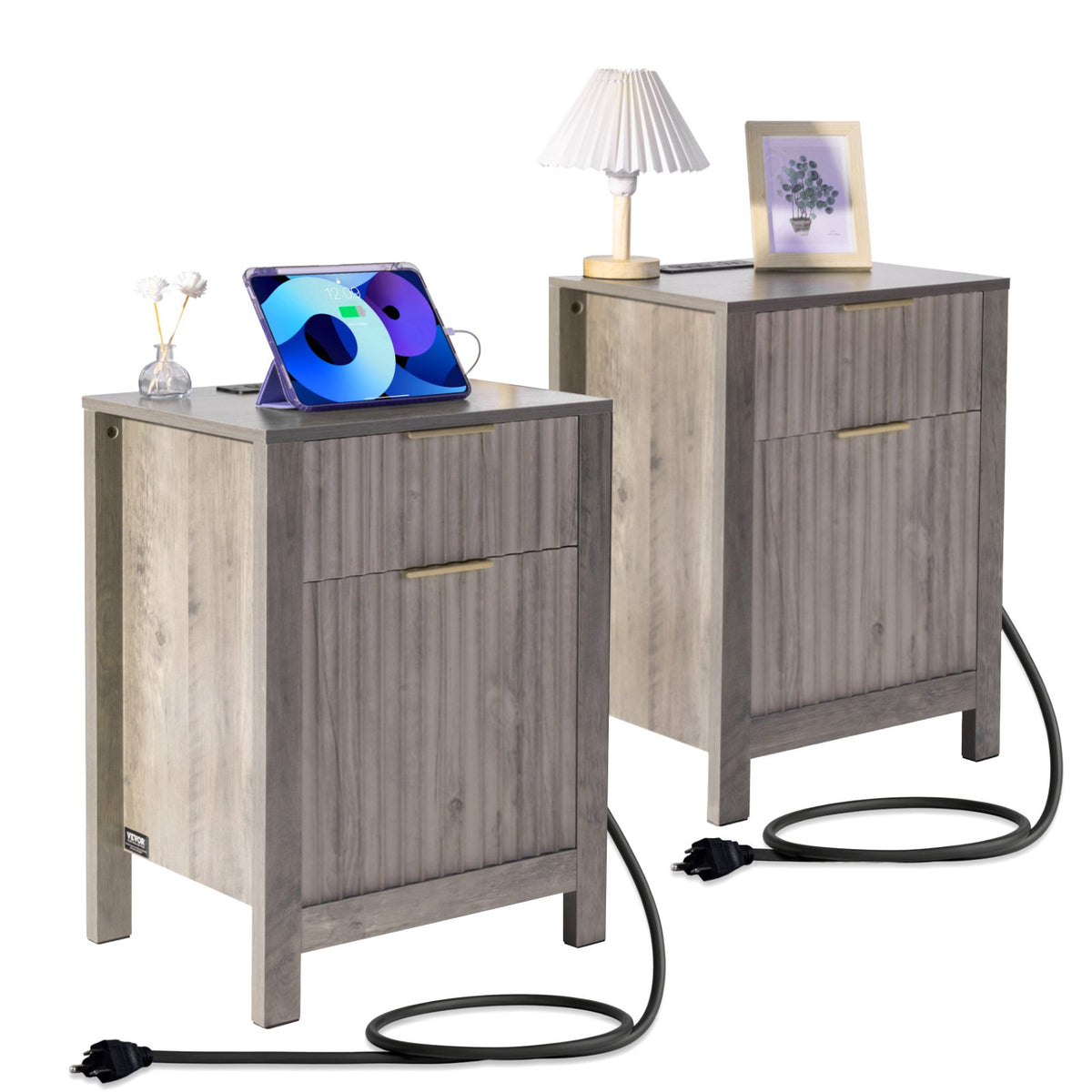 VEVOR Farmhouse End Table Set of 2, Nightstand with Charging Station, 3 Tiers Side Table with Storage Cabinet and 2 Drawers, Side Table with USB Ports and Outlets, Ideal for Living Room, Bedroom, Gray - BSBZ2JTFBKFXRP6ITV1 - view 1