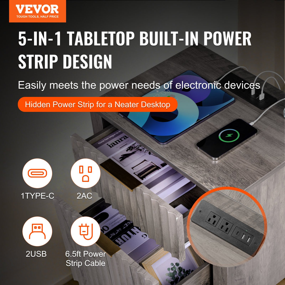 VEVOR Farmhouse End Table Set of 2, Nightstand with Charging Station, 3 Tiers Side Table with Storage Cabinet and 2 Drawers, Side Table with USB Ports and Outlets, Ideal for Living Room, Bedroom, Gray - BSBZ2JTFBKFXRP6ITV1 - view 3