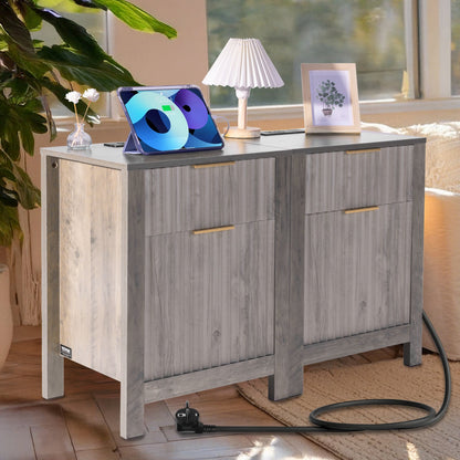 VEVOR Farmhouse End Table Set of 2, Nightstand with Charging Station, 3 Tiers Side Table with Storage Cabinet and 2 Drawers, Side Table with USB Ports and Outlets, Ideal for Living Room, Bedroom, Gray - BSBZ2JTFBKFXRP6ITV1 - view 9