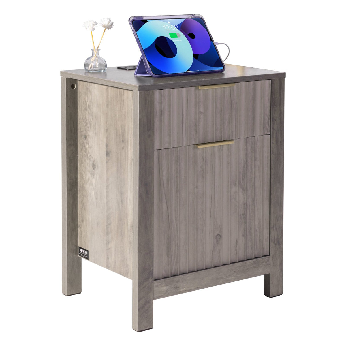 VEVOR Farmhouse End Table Set of 2, Nightstand with Charging Station, 3 Tiers Side Table with Storage Cabinet and 2 Drawers, Side Table with USB Ports and Outlets, Ideal for Living Room, Bedroom, Gray - BSBZ2JTFBKFXRP6ITV1 - view 10