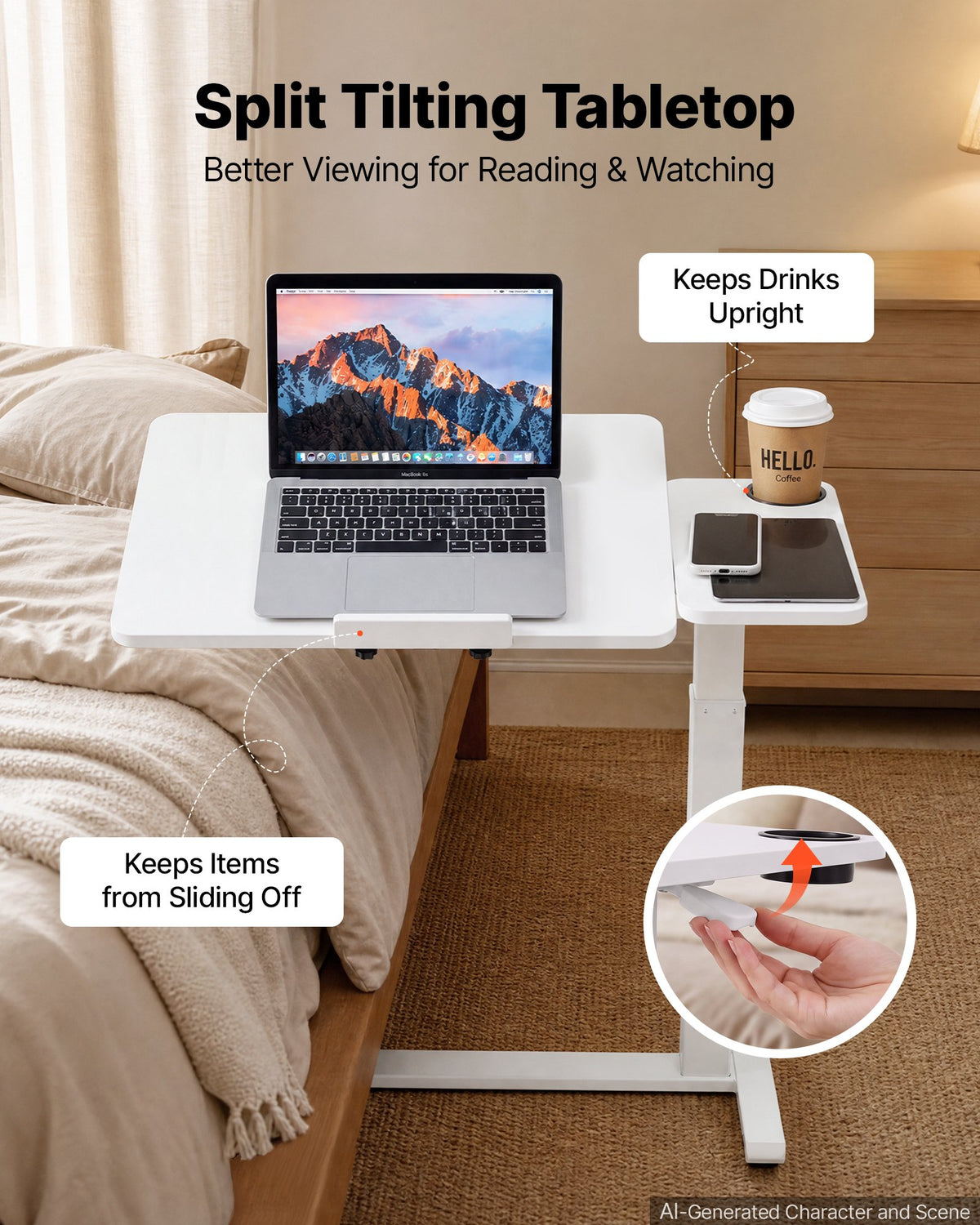 VEVOR Overbed Table 31.5"W x 15.7"D Mobile Bedside Table with Wheels White, for Home Office Bed Couch, Height Adjustable Rolling Laptop Desk, Portable Standing Cart with Tilting Desktop & Cup Holder - BSCSZBSBSCSZ14LYZ001V0 - view 4