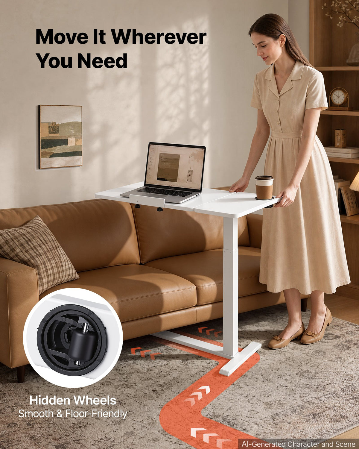 VEVOR Overbed Table 31.5"W x 15.7"D Mobile Bedside Table with Wheels White, for Home Office Bed Couch, Height Adjustable Rolling Laptop Desk, Portable Standing Cart with Tilting Desktop & Cup Holder - BSCSZBSBSCSZ14LYZ001V0 - view 5