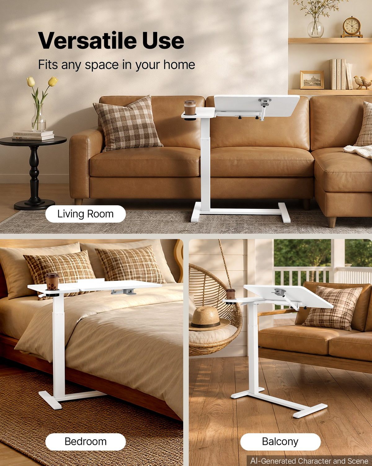 VEVOR Overbed Table 31.5"W x 15.7"D Mobile Bedside Table with Wheels White, for Home Office Bed Couch, Height Adjustable Rolling Laptop Desk, Portable Standing Cart with Tilting Desktop & Cup Holder - BSCSZBSBSCSZ14LYZ001V0 - view 7