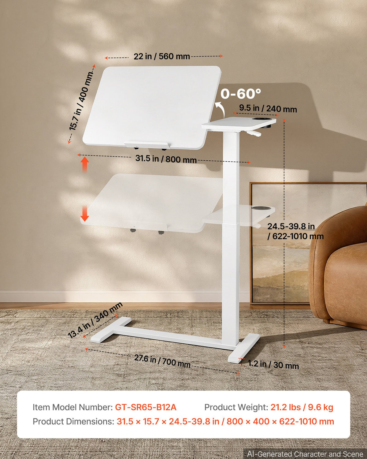 VEVOR Overbed Table 31.5"W x 15.7"D Mobile Bedside Table with Wheels White, for Home Office Bed Couch, Height Adjustable Rolling Laptop Desk, Portable Standing Cart with Tilting Desktop & Cup Holder - BSCSZBSBSCSZ14LYZ001V0 - view 8