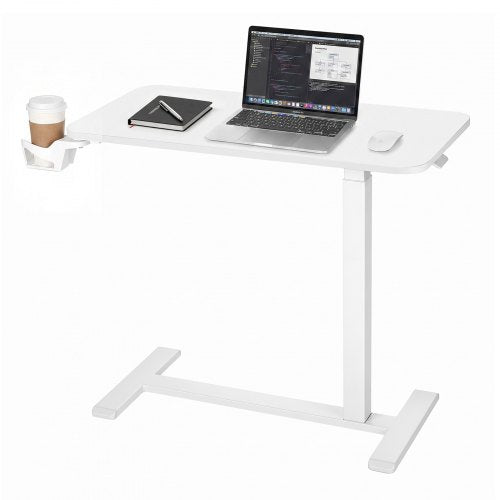 VEVOR Overbed Table 31.5"W x 15.7"D Mobile Bedside Table with Hidden Wheels, for Home Office Bed Couch, Height Adjustable Rolling Laptop Desk, Hydraulic Portable Standing Cart with Cup Holder, White - BSCSZBSBSCSZ3NBB2001V0 - view 2