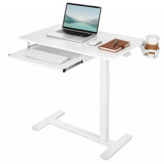 VEVOR Overbed Table 31.5"W x 17.7"D Mobile Bedside Table with Hidden Wheels, for Home Office Bed Couch, Height Adjustable Rolling Laptop Desk, Standing Cart with Keyboard Tray and Cup Holder, White - BSCSZBSBSCSZOYXGF001V0 - view 1