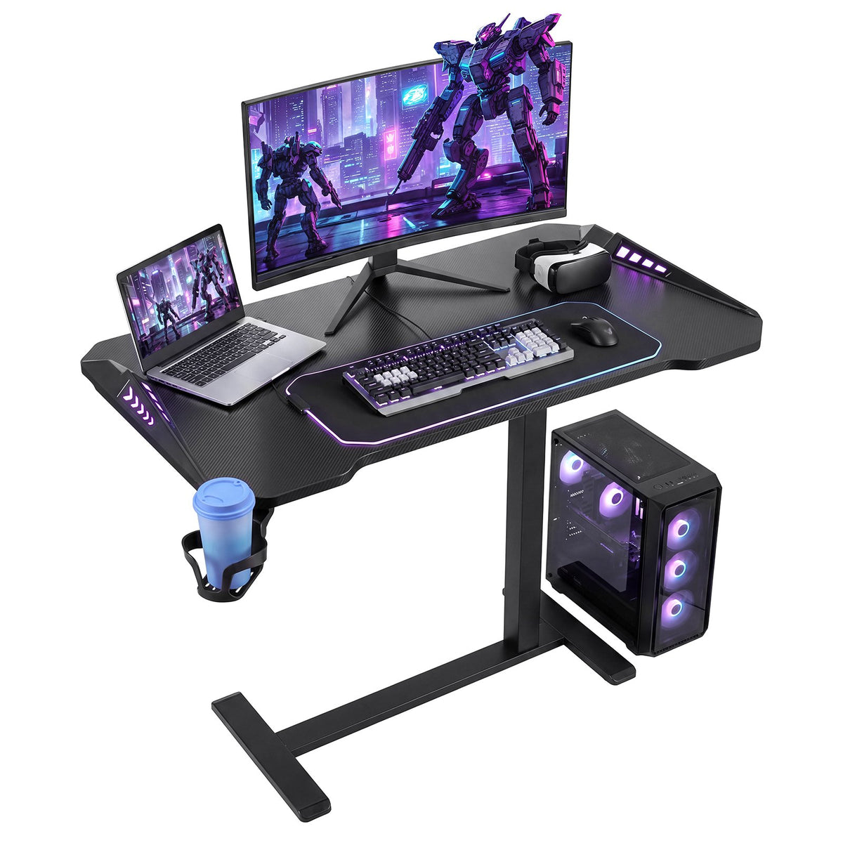 VEVOR Overbed Table 31.5"W x 17.7"D Mobile Gaming Desk with Hidden Wheels, for Home Office Bed Couch, Height Adjustable Bedside Rolling Laptop Desk, Standing Cart with RGB Light & Cup Holder, Black - BSCSZHSBSCSZBOGFD001V9 - view 1