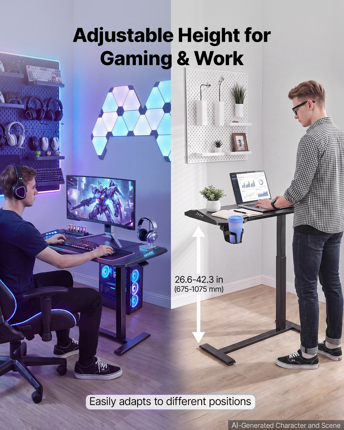 VEVOR Overbed Table 31.5"W x 17.7"D Mobile Gaming Desk with Hidden Wheels, for Home Office Bed Couch, Height Adjustable Bedside Rolling Laptop Desk, Standing Cart with RGB Light & Cup Holder, Black - BSCSZHSBSCSZBOGFD001V9 - view 3