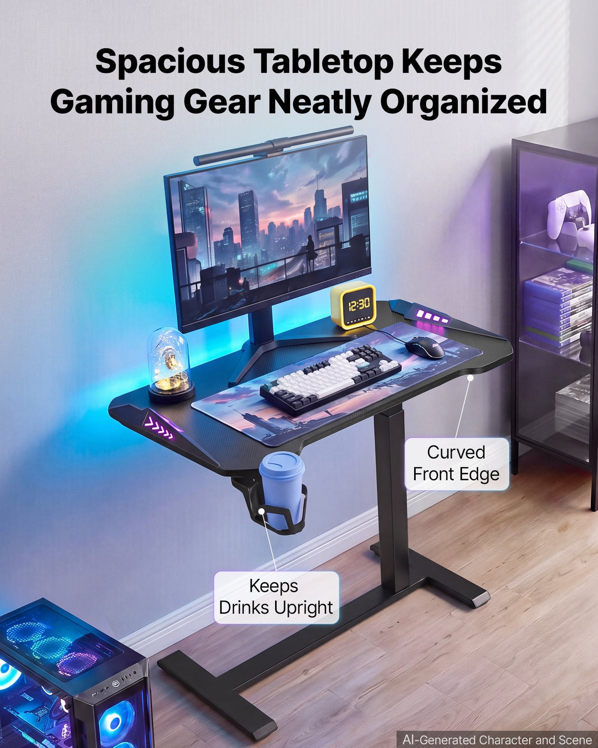 VEVOR Overbed Table 31.5"W x 17.7"D Mobile Gaming Desk with Hidden Wheels, for Home Office Bed Couch, Height Adjustable Bedside Rolling Laptop Desk, Standing Cart with RGB Light & Cup Holder, Black - BSCSZHSBSCSZBOGFD001V9 - view 4