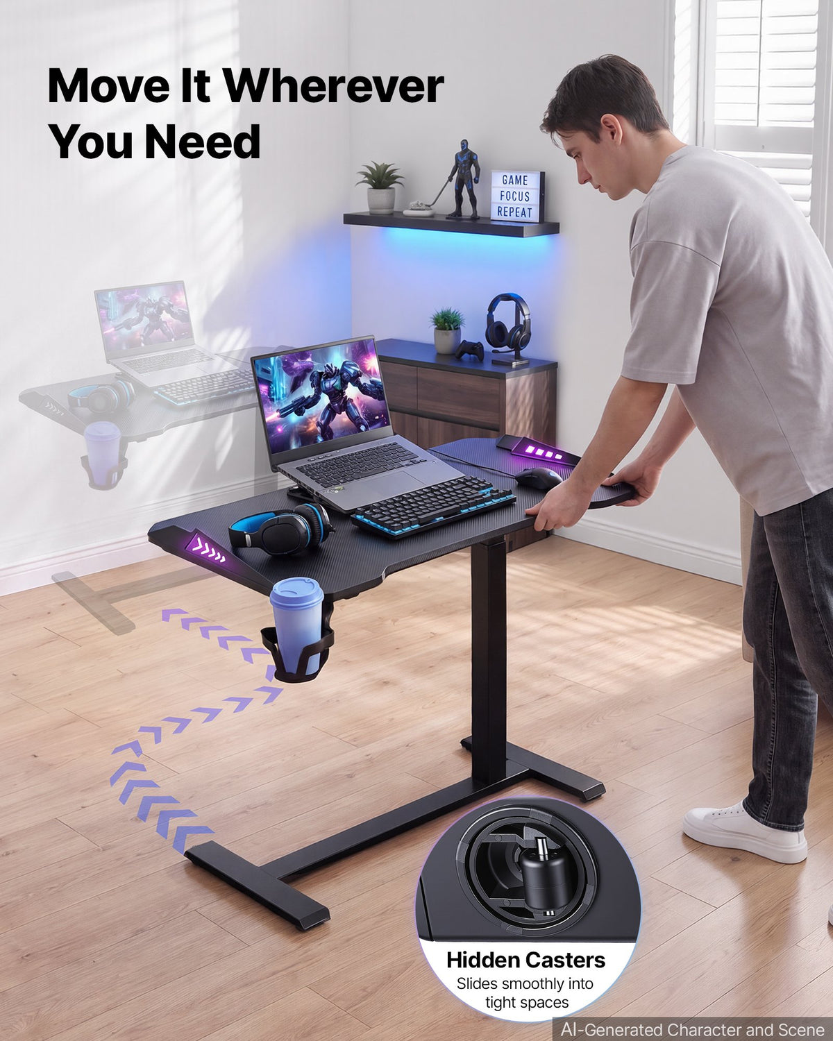VEVOR Overbed Table 31.5"W x 17.7"D Mobile Gaming Desk with Hidden Wheels, for Home Office Bed Couch, Height Adjustable Bedside Rolling Laptop Desk, Standing Cart with RGB Light & Cup Holder, Black - BSCSZHSBSCSZBOGFD001V9 - view 5