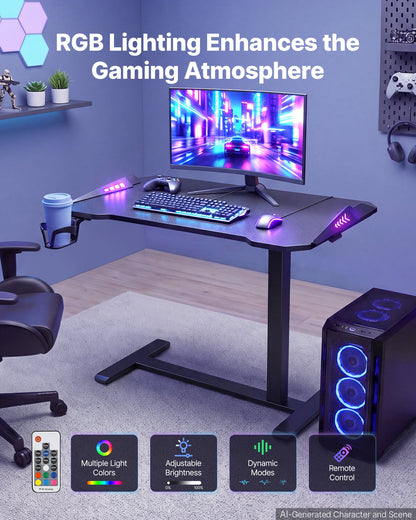 VEVOR Overbed Table 31.5"W x 17.7"D Mobile Gaming Desk with Hidden Wheels, for Home Office Bed Couch, Height Adjustable Bedside Rolling Laptop Desk, Standing Cart with RGB Light & Cup Holder, Black - BSCSZHSBSCSZBOGFD001V9 - view 6