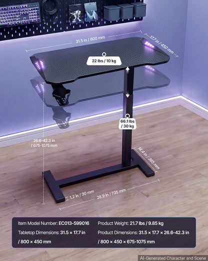 VEVOR Overbed Table 31.5"W x 17.7"D Mobile Gaming Desk with Hidden Wheels, for Home Office Bed Couch, Height Adjustable Bedside Rolling Laptop Desk, Standing Cart with RGB Light & Cup Holder, Black - BSCSZHSBSCSZBOGFD001V9 - view 8