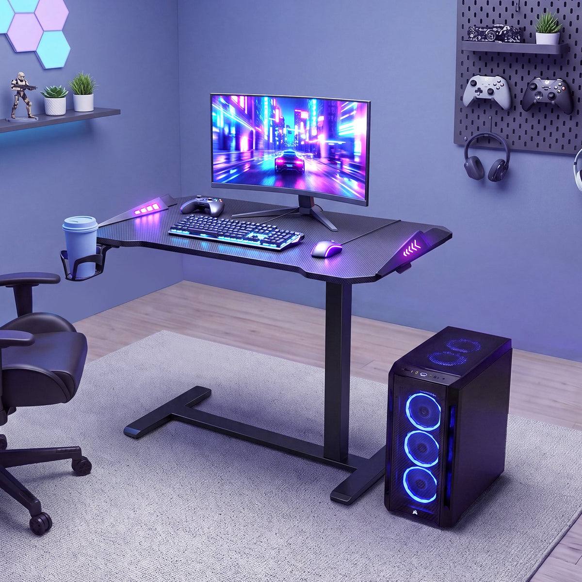 VEVOR Overbed Table 31.5"W x 17.7"D Mobile Gaming Desk with Hidden Wheels, for Home Office Bed Couch, Height Adjustable Bedside Rolling Laptop Desk, Standing Cart with RGB Light & Cup Holder, Black - BSCSZHSBSCSZBOGFD001V9 - view 9