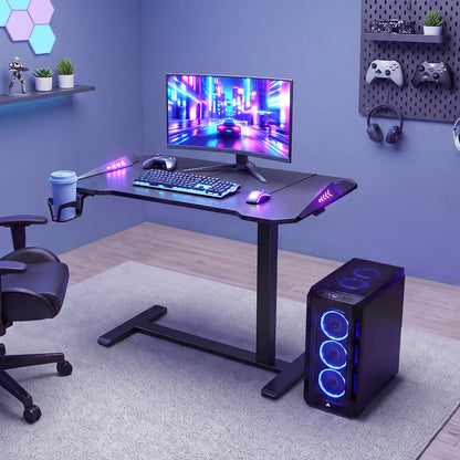 VEVOR Overbed Table 31.5"W x 17.7"D Mobile Gaming Desk with Hidden Wheels, for Home Office Bed Couch, Height Adjustable Bedside Rolling Laptop Desk, Standing Cart with RGB Light & Cup Holder, Black - BSCSZHSBSCSZBOGFD001V9 - view 9