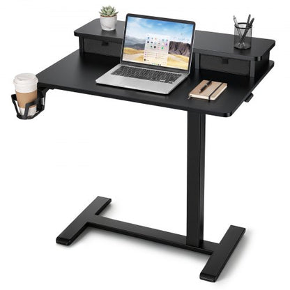 VEVOR Overbed Table 27.6"W x 19.7"D Mobile Bedside Table with Hidden Wheels, for Home Office Bed Couch, Height Adjustable Rolling Laptop Desk, Standing Cart with 2-Layer Top, Drawer, Cup Holder, Black - BSCSZHSBSCSZUE05E001V0 - view 2