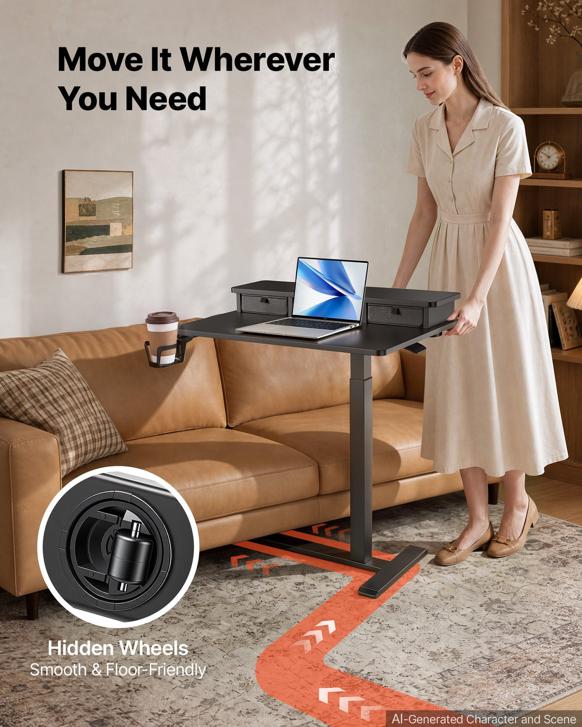 VEVOR Overbed Table 27.6"W x 19.7"D Mobile Bedside Table with Hidden Wheels, for Home Office Bed Couch, Height Adjustable Rolling Laptop Desk, Standing Cart with 2-Layer Top, Drawer, Cup Holder, Black - BSCSZHSBSCSZUE05E001V0 - view 5