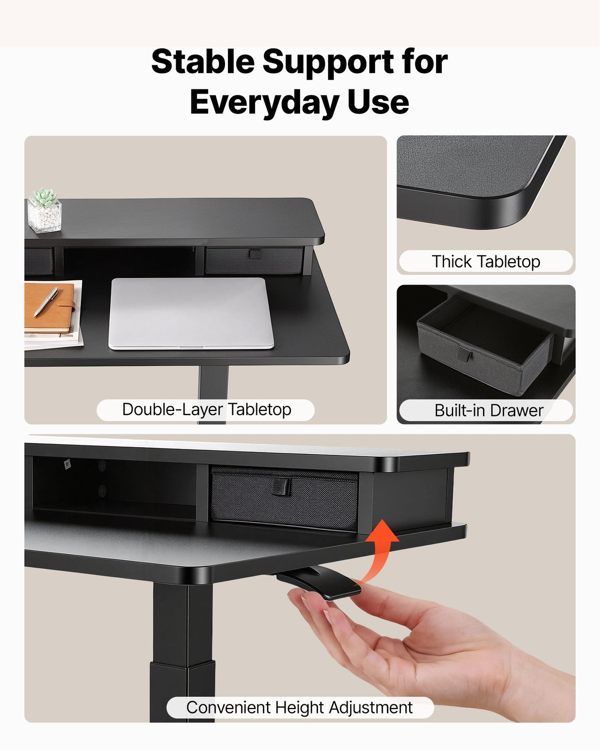 VEVOR Overbed Table 27.6"W x 19.7"D Mobile Bedside Table with Hidden Wheels, for Home Office Bed Couch, Height Adjustable Rolling Laptop Desk, Standing Cart with 2-Layer Top, Drawer, Cup Holder, Black - BSCSZHSBSCSZUE05E001V0 - view 6
