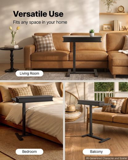VEVOR Overbed Table 27.6"W x 19.7"D Mobile Bedside Table with Hidden Wheels, for Home Office Bed Couch, Height Adjustable Rolling Laptop Desk, Standing Cart with 2-Layer Top, Drawer, Cup Holder, Black - BSCSZHSBSCSZUE05E001V0 - view 7