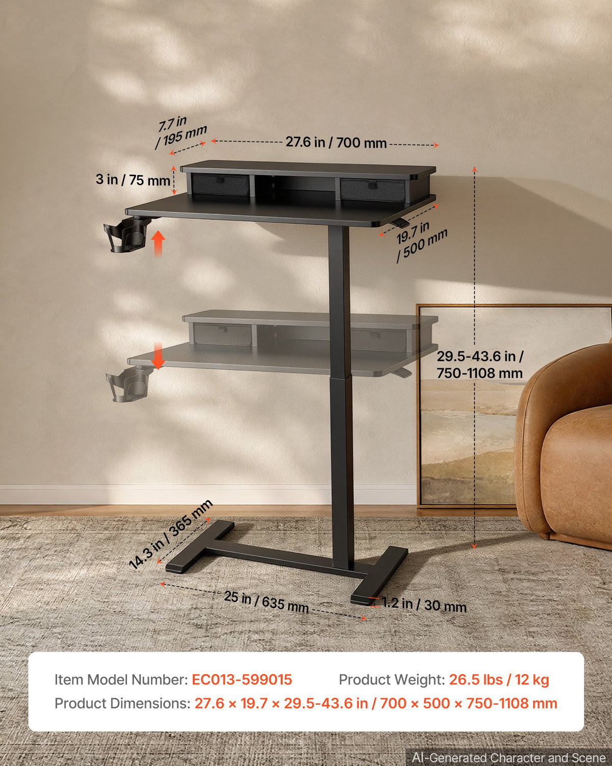 VEVOR Overbed Table 27.6"W x 19.7"D Mobile Bedside Table with Hidden Wheels, for Home Office Bed Couch, Height Adjustable Rolling Laptop Desk, Standing Cart with 2-Layer Top, Drawer, Cup Holder, Black - BSCSZHSBSCSZUE05E001V0 - view 8