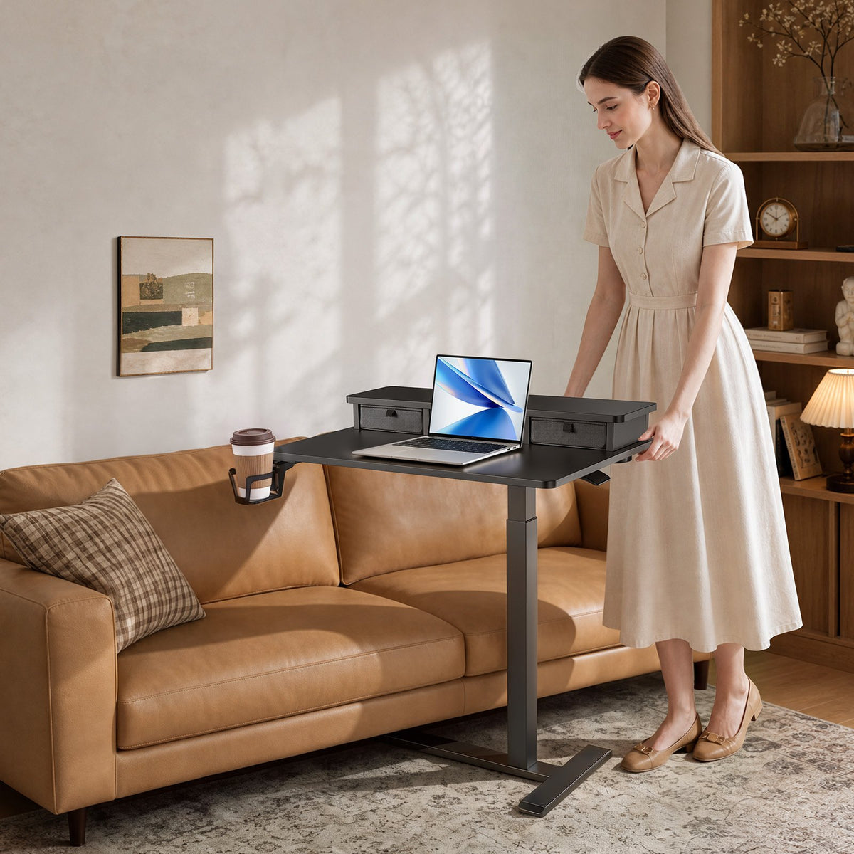 VEVOR Overbed Table 27.6"W x 19.7"D Mobile Bedside Table with Hidden Wheels, for Home Office Bed Couch, Height Adjustable Rolling Laptop Desk, Standing Cart with 2-Layer Top, Drawer, Cup Holder, Black - BSCSZHSBSCSZUE05E001V0 - view 9