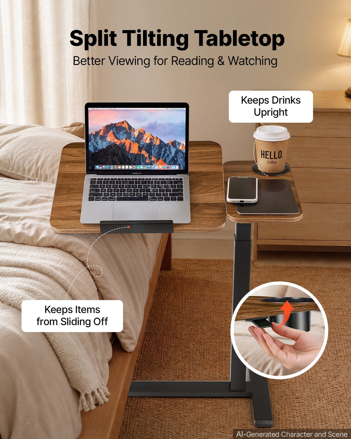 VEVOR Overbed Table 27.6"W x 15.7"D Mobile Bedside Table with Hidden Wheels, for Home Office Bed Couch, Height Adjustable Rolling Laptop Desk, Standing Cart with Tilting Desktop & Cup Holder, Brown - BSCSZZSBSCSZILCLZ001V0 - view 4