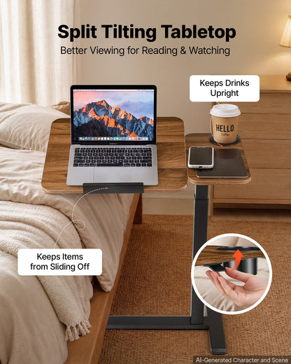 VEVOR Overbed Table 27.6"W x 15.7"D Mobile Bedside Table with Hidden Wheels, for Home Office Bed Couch, Height Adjustable Rolling Laptop Desk, Standing Cart with Tilting Desktop & Cup Holder, Brown - BSCSZZSBSCSZILCLZ001V0 - view 4