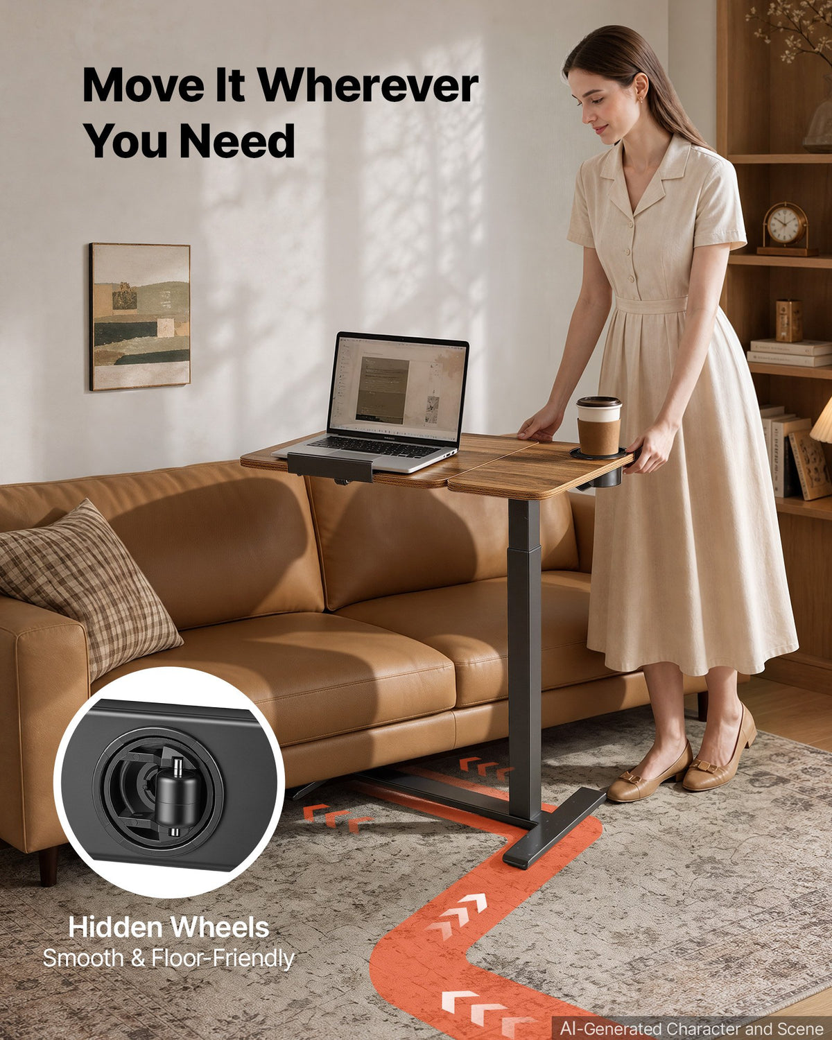 VEVOR Overbed Table 27.6"W x 15.7"D Mobile Bedside Table with Hidden Wheels, for Home Office Bed Couch, Height Adjustable Rolling Laptop Desk, Standing Cart with Tilting Desktop & Cup Holder, Brown - BSCSZZSBSCSZILCLZ001V0 - view 5