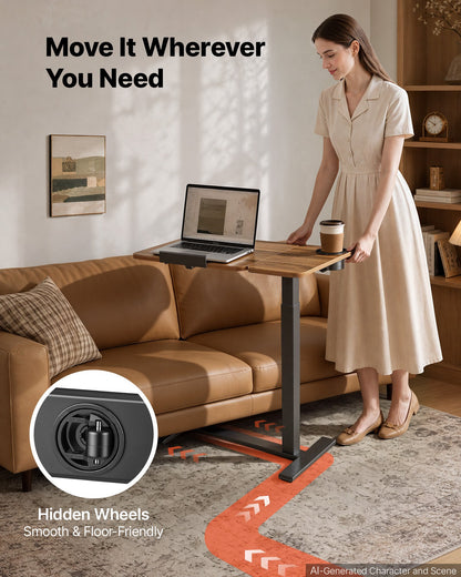 VEVOR Overbed Table 27.6"W x 15.7"D Mobile Bedside Table with Hidden Wheels, for Home Office Bed Couch, Height Adjustable Rolling Laptop Desk, Standing Cart with Tilting Desktop & Cup Holder, Brown - BSCSZZSBSCSZILCLZ001V0 - view 5