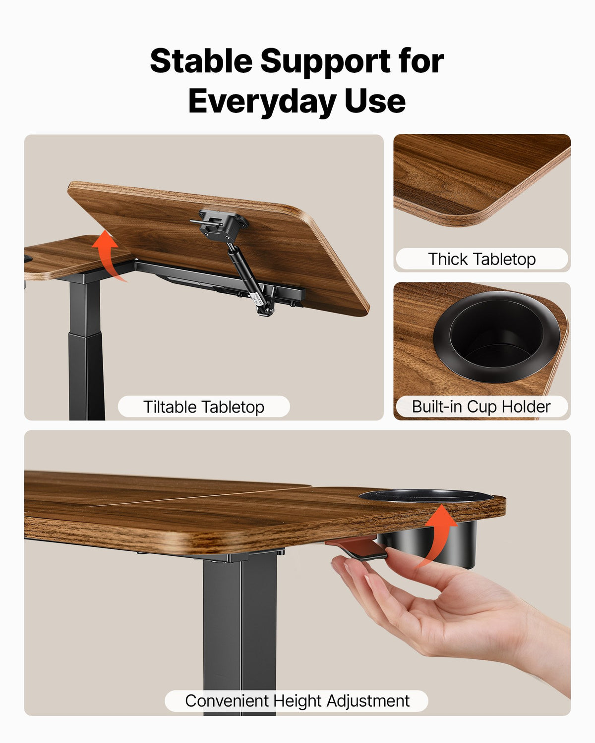 VEVOR Overbed Table 27.6"W x 15.7"D Mobile Bedside Table with Hidden Wheels, for Home Office Bed Couch, Height Adjustable Rolling Laptop Desk, Standing Cart with Tilting Desktop & Cup Holder, Brown - BSCSZZSBSCSZILCLZ001V0 - view 6
