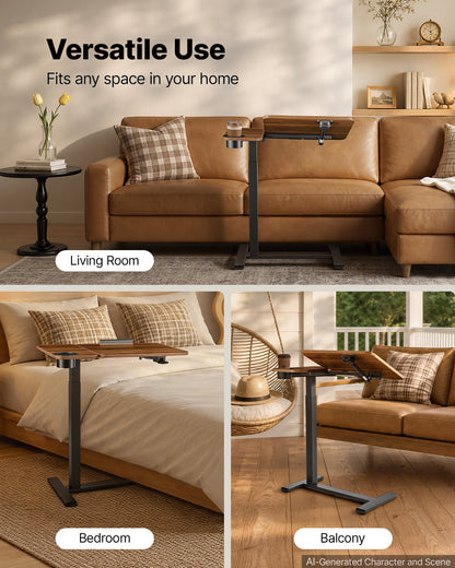 VEVOR Overbed Table 27.6"W x 15.7"D Mobile Bedside Table with Hidden Wheels, for Home Office Bed Couch, Height Adjustable Rolling Laptop Desk, Standing Cart with Tilting Desktop & Cup Holder, Brown - BSCSZZSBSCSZILCLZ001V0 - view 7