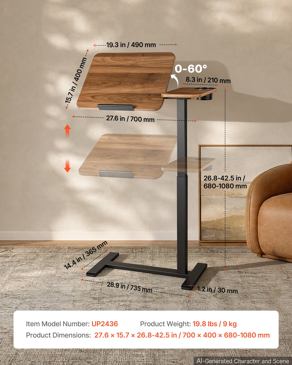 VEVOR Overbed Table 27.6"W x 15.7"D Mobile Bedside Table with Hidden Wheels, for Home Office Bed Couch, Height Adjustable Rolling Laptop Desk, Standing Cart with Tilting Desktop & Cup Holder, Brown - BSCSZZSBSCSZILCLZ001V0 - view 8